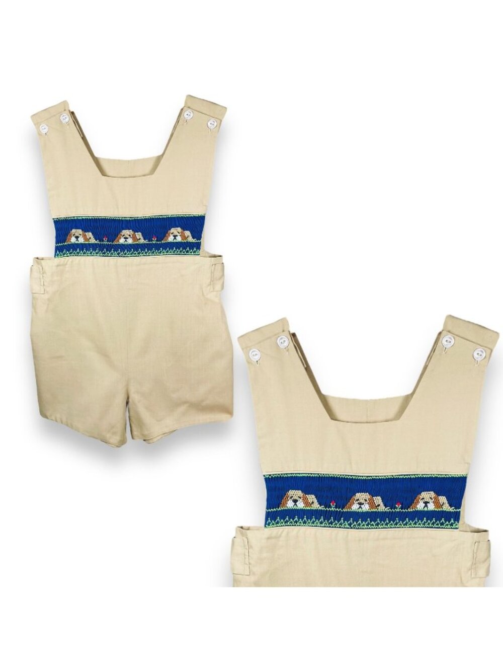 Toddler Boys Tan Puppy Dog Smocked Shortalls Romper Outfit 3T